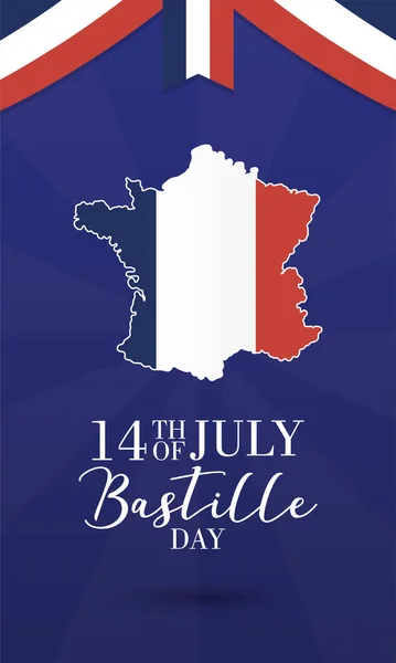 Carte de célébration du jour de la bastille avec carte et drapeau français — Image vectorielle
