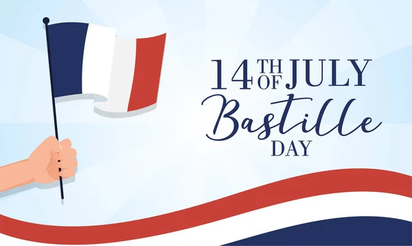 Tarjeta de celebración del día de la bastilla con la mano ondeando bandera de Francia — Vector de stock