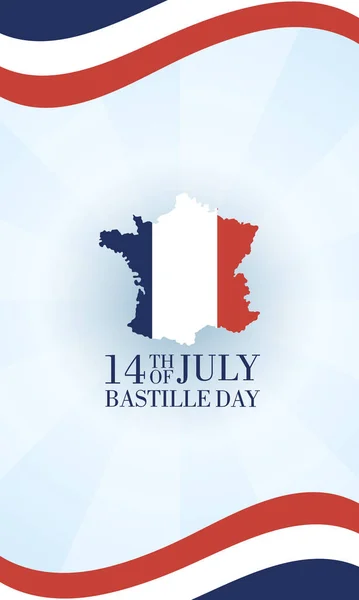 Tarjeta de celebración del día de la bastilla con mapa de Francia y bandera — Vector de stock