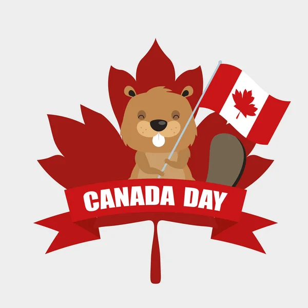 Cartão de celebração do dia canadense com castor e bandeira —  Vetores de Stock