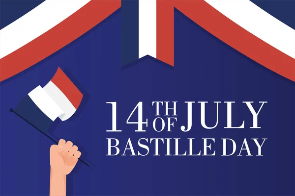 Tarjeta de celebración del día de la bastilla con la mano ondeando bandera de Francia — Vector de stock