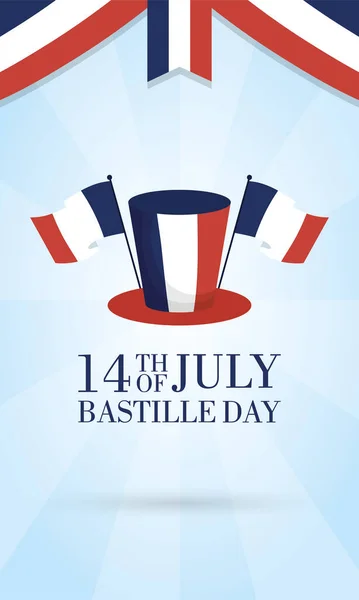 Tarjeta de celebración del día de la bastilla con banderas de Francia y tophat — Vector de stock