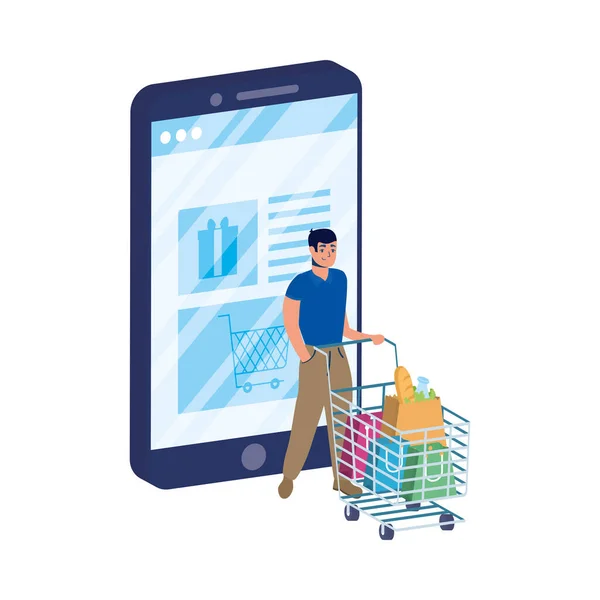 Бизнес онлайн-торговля со смартфоном и человек с картой для покупок — стоковый вектор