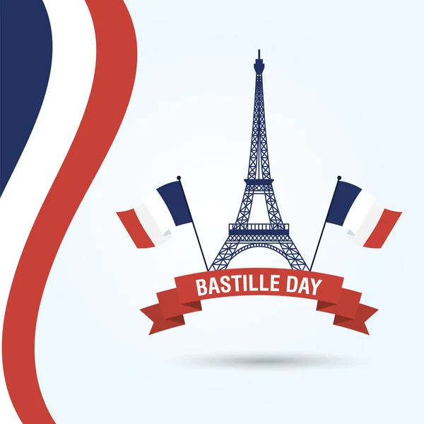 Carte de fête du jour de la bastille avec tour eiffel et drapeaux france — Image vectorielle