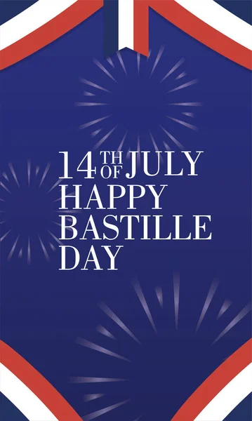 Tarjeta de celebración del día de la bastilla con bandera de Francia y fuegos artificiales — Vector de stock