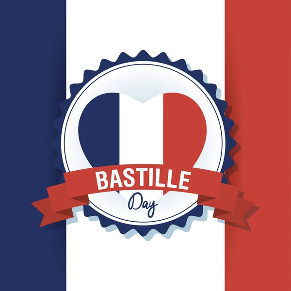 Carte de célébration du jour de la bastille avec drapeau france au cœur — Image vectorielle