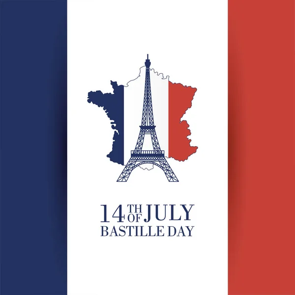 Carte de célébration du jour de la bastille avec tour eiffel et carte de la france — Image vectorielle