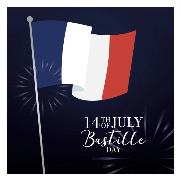 Tarjeta de celebración del día de la bastilla con bandera de Francia y fuegos artificiales — Vector de stock