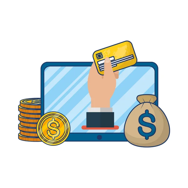 Ecommerce online de negócios em tablet com moedas e cartão de crédito — Vetor de Stock