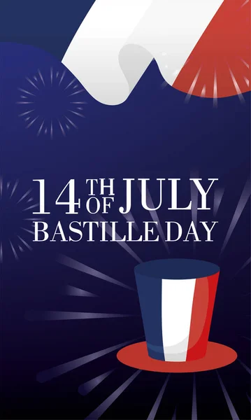 Tarjeta de celebración del día de la bastilla con bandera de Francia en tophat — Vector de stock