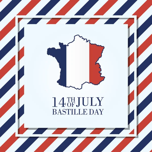 Tarjeta de celebración del día de la bastilla con mapa de Francia y bandera — Vector de stock