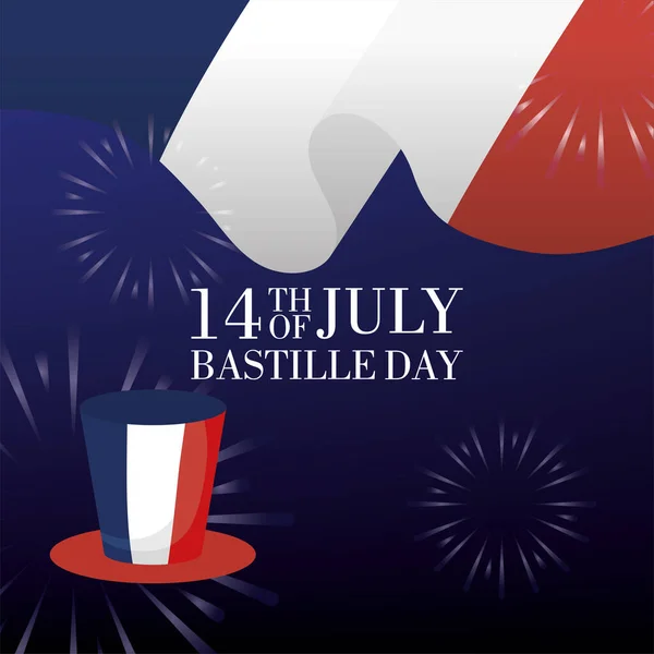 Tarjeta de celebración del día de la bastilla con bandera de Francia en tophat — Vector de stock