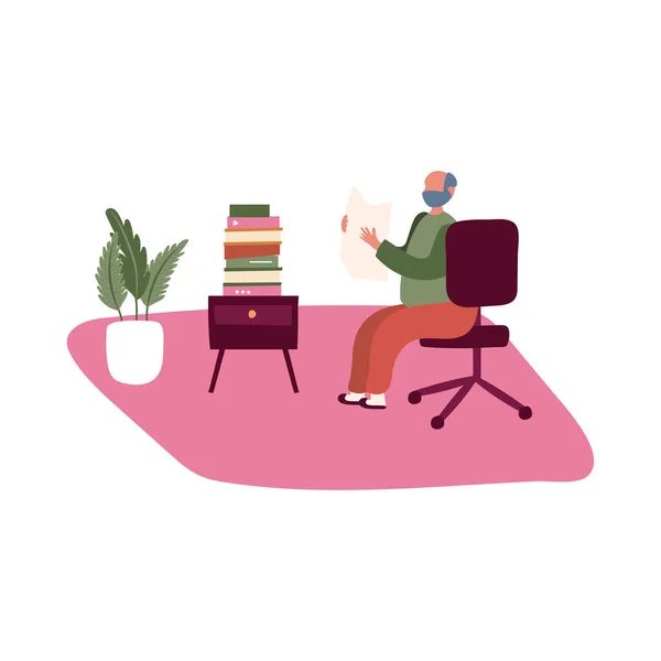 Vieillard homme lecture journal à la maison activité libre forme style — Image vectorielle