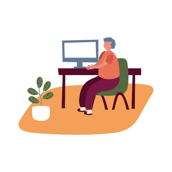 Anciano hombre usando escritorio en la actividad en el hogar estilo de forma libre — Vector de stock