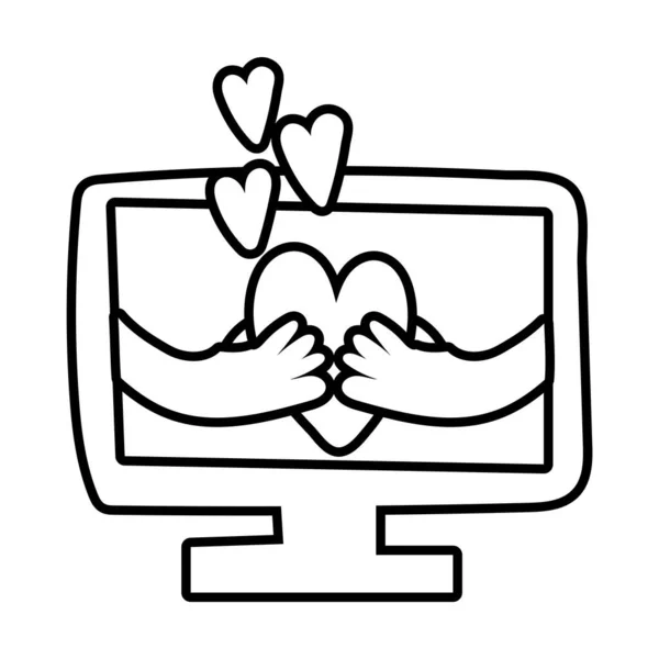 Desktop com mãos levantando corações ícone de estilo de linha — Vetor de Stock