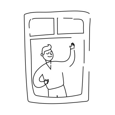 Adam karantina hattı tarzı için daire penceresinde el sallıyor.