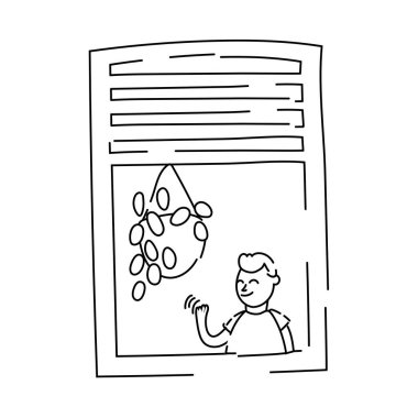 Küçük çocuk karantina çizgisi tarzı için daire penceresinde el sallıyor.