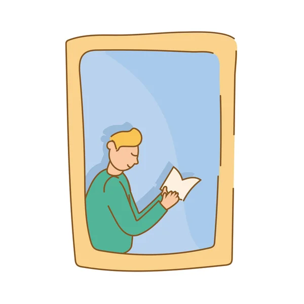 Livre de lecture homme dans la fenêtre de l'appartement pour la quarantaine style libre — Image vectorielle