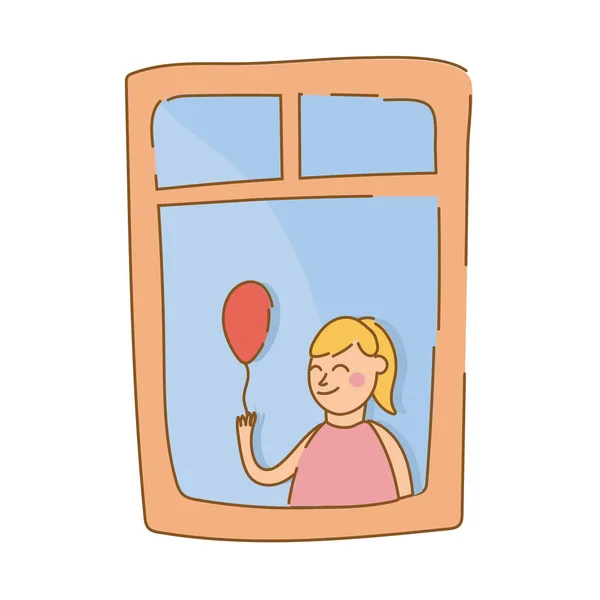 Bambina con palloncino elio in finestra appartamento per quarantena stile forma libera — Vettoriale Stock