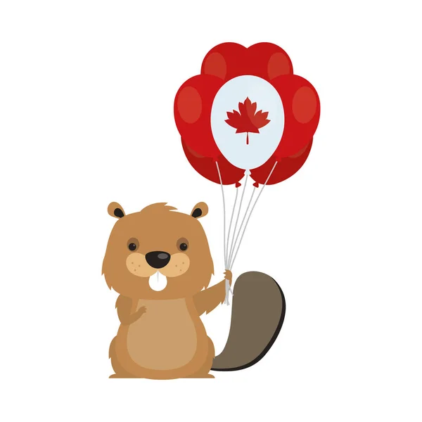 Castoro canadese con palloncino di felice giorno del Canada disegno vettoriale — Vettoriale Stock