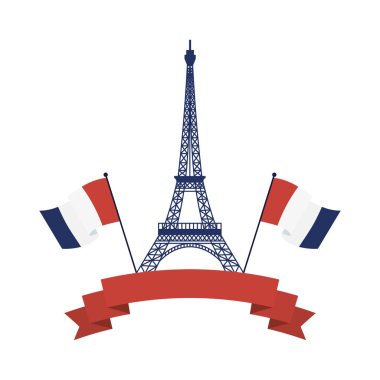 Eyfel Kulesi Fransa bayrakları ve kurdele vektör tasarımı