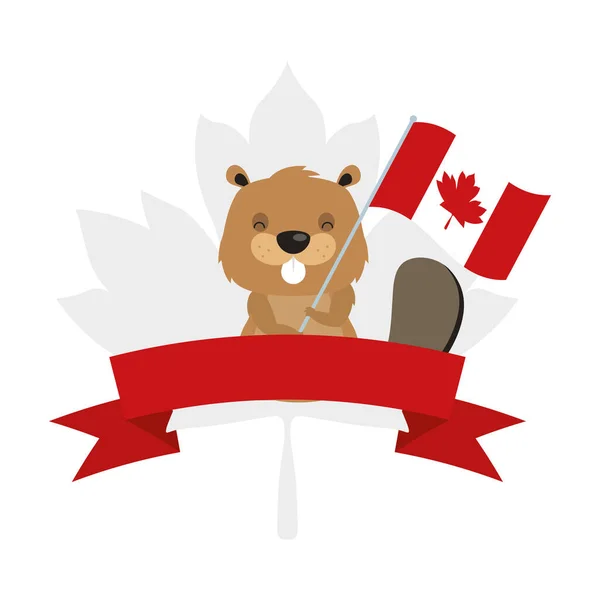 Castoro canadese con bandiera di felice giorno del Canada disegno vettoriale — Vettoriale Stock