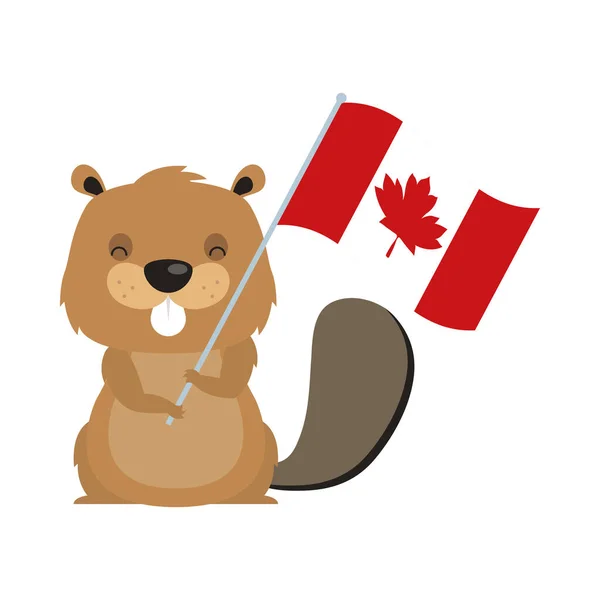Castoro canadese con bandiera di felice giorno del Canada disegno vettoriale — Vettoriale Stock