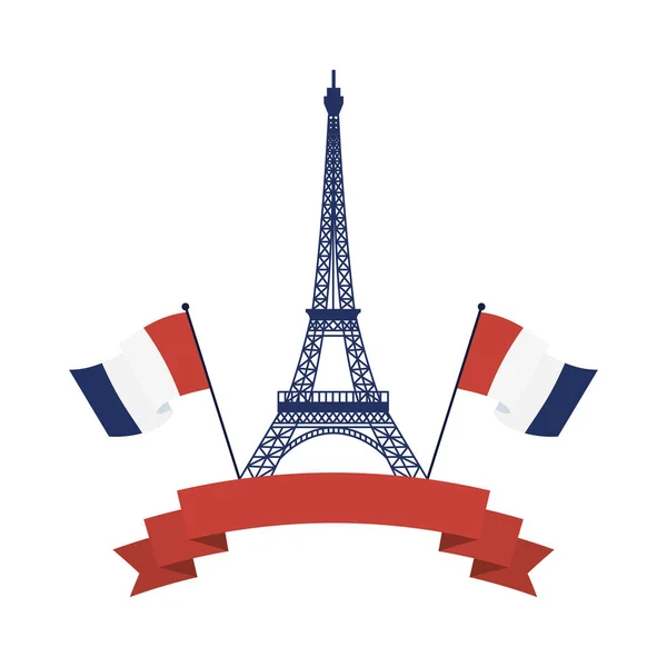 Bandeiras Torre Eiffel frança e design de vetor de fita — Vetor de Stock