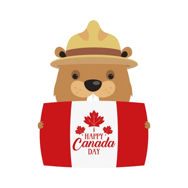 Castoro canadese con cappello e bandiera di felice design vettoriale Canada giorno — Vettoriale Stock