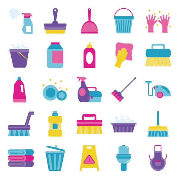 Limpeza e desinfecção de ícones de conjunto — Vetor de Stock