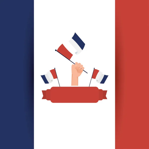 手幸せなバスティーユ日ベクトルデザインのフランスの旗を保持 — ストックベクタ