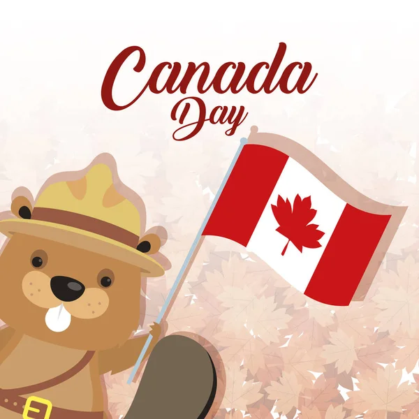 ビーバーと旗を手にした幸せなカナダの日 — ストックベクタ