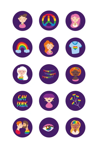 Paquete de iconos del orgullo gay y la gente bloquea el estilo — Archivo Imágenes Vectoriales