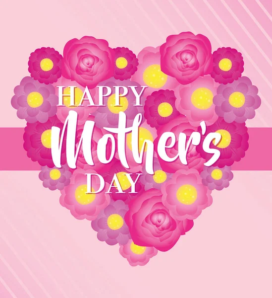 Mãe feliz cartão de dia com flores moldura do coração — Vetor de Stock
