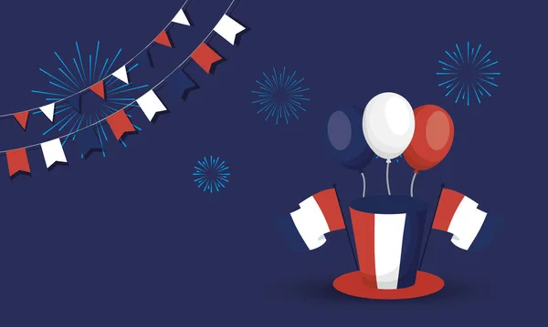 France chapeau drapeaux ballons et feux d'artifice de conception vectorielle heureux jour de la Bastille — Image vectorielle