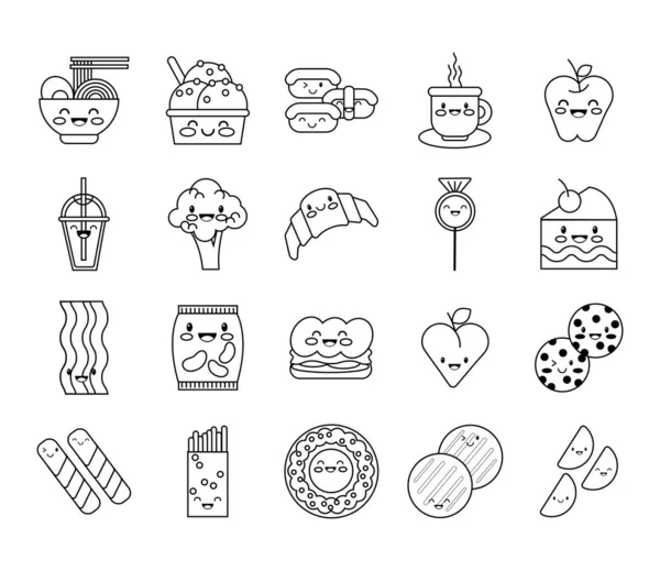 Bundel voedzame voeding kawaii set pictogrammen — Stockvector