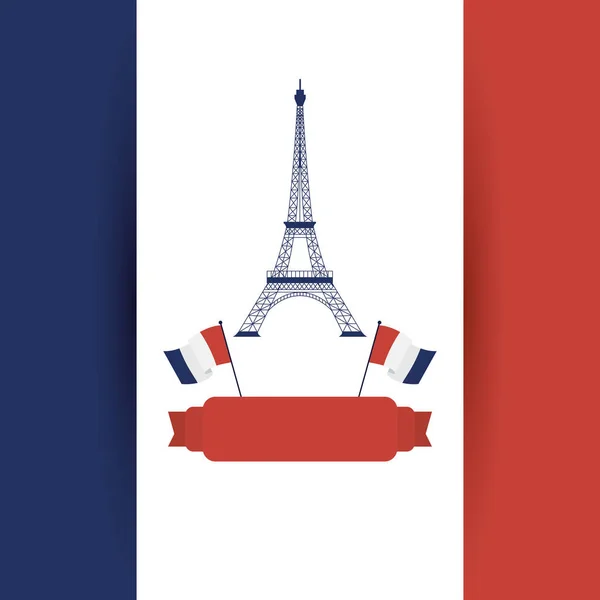 Eyfel Kulesi Fransa bayrakları ve kurdele vektör tasarımı — Stok Vektör