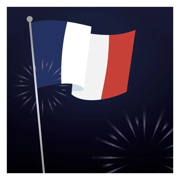 Bandera de Francia con fuegos artificiales de feliz diseño vectorial día de la bastilla — Vector de stock