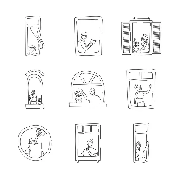 Paquete de actividades de cuarentena en apartamentos ventanas escenas — Vector de stock