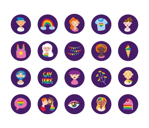 Bundle of gay pride icons and people block style — Stock Vector