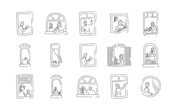 Paquet d'activités de quarantaine dans les appartements fenêtres scènes — Image vectorielle