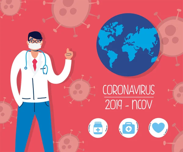 Infographie covid19 pandémie avec médecin — Image vectorielle