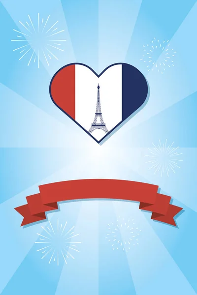 France Eiffeltornet inuti hjärtat av glad Bastiljen dag vektor design — Stock vektor