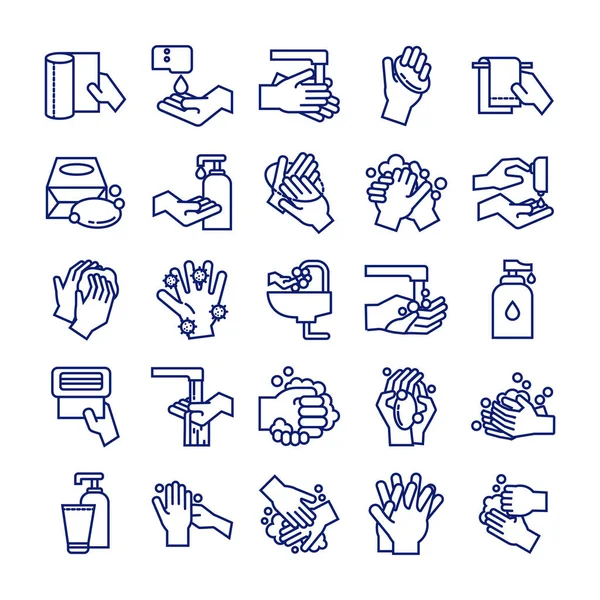 Paquet d'icônes de style ligne de lavage des mains — Image vectorielle