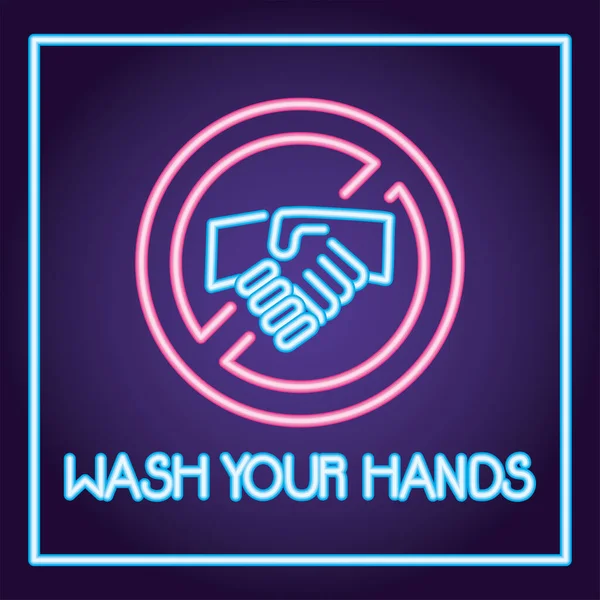 Lavar as mãos para covid19 neon light style — Vetor de Stock
