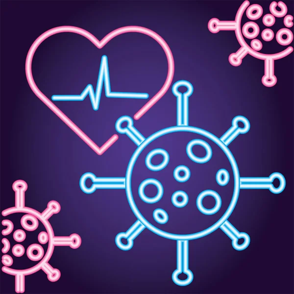 Covid19 particles and heart cardio neon light style — Stock Vector