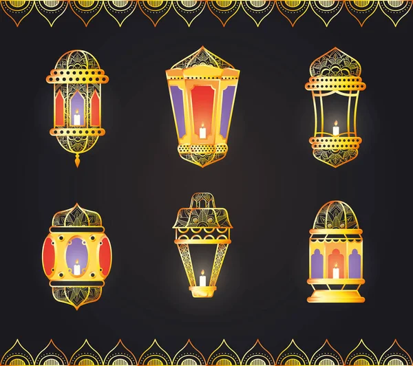 Празднование праздника Ид Мубарак с установленными фонарями — стоковый вектор