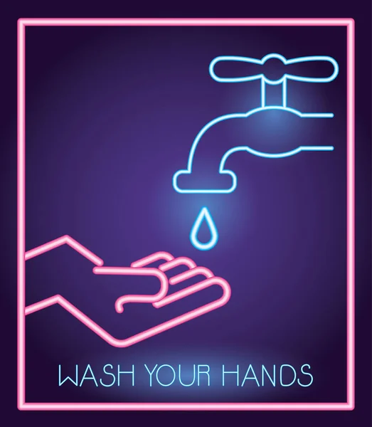 Lavar as mãos para covid19 neon light style —  Vetores de Stock