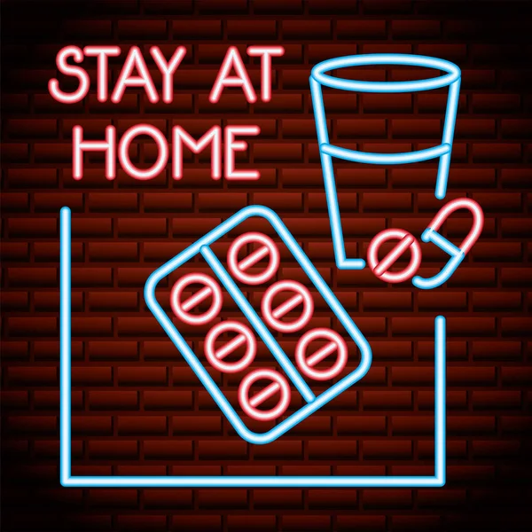 Stay at home campaign for covid19 neon light style — Stock Vector