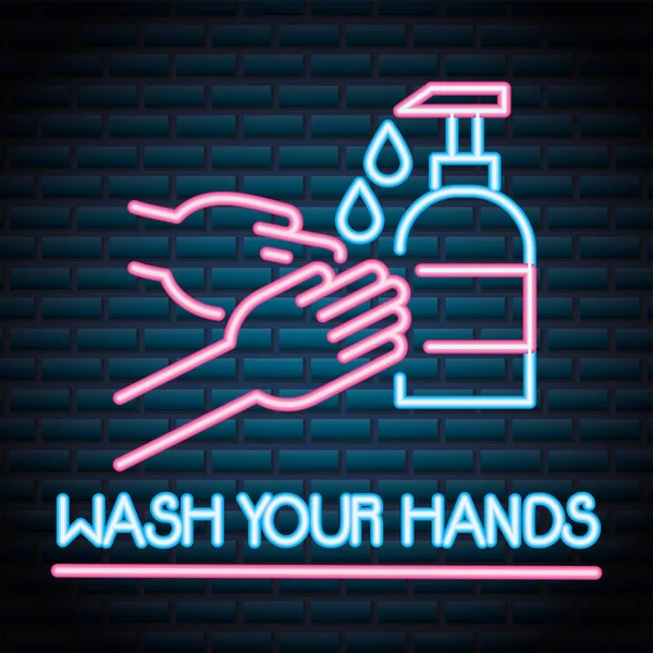 Tvätta händerna för covid19 neon ljus stil — Stock vektor